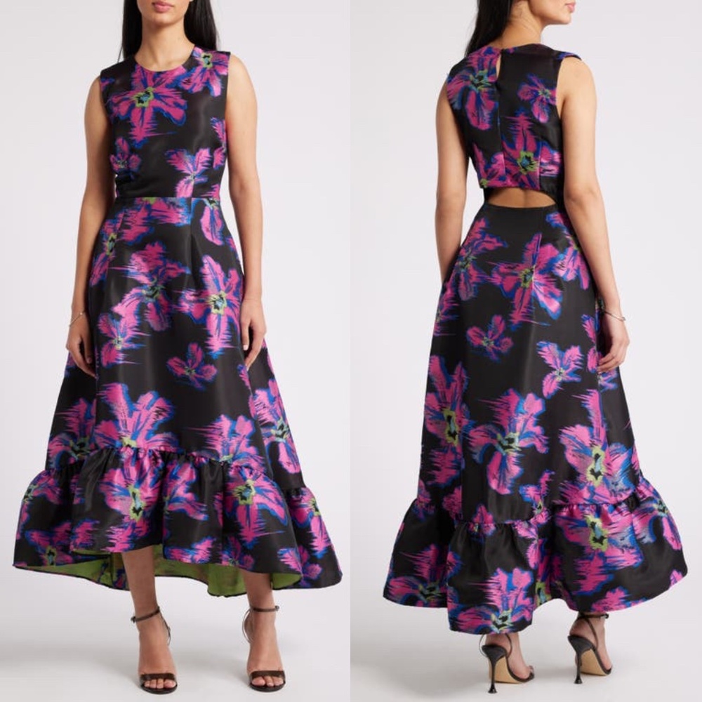 NEW CHELSEA28 Black FLORAL Jacquard RUFFLE HEM A-Line HI-LO Dress GOWN XL
